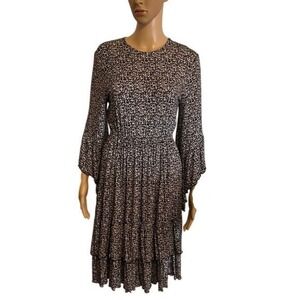 Tiered Ruffle Dress Black White Print Long Sleeve Midi Casual